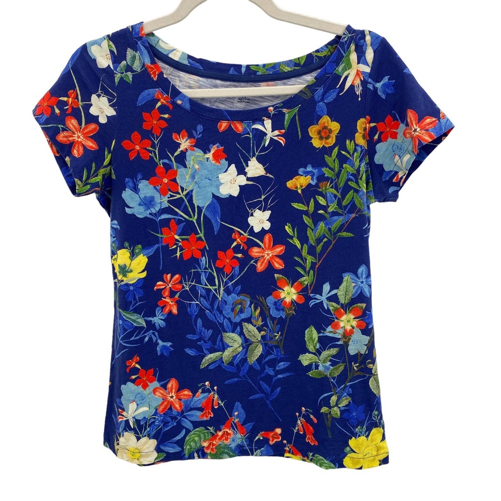LANDS' END Navy Blue Floral Print Cotton Short Sleeve Scoop Neck Fitted Tee